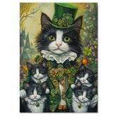 Irish Whiskers: Tuxedo Cat Mom and Four Kittens in a St. Patrick's Day Celebration on Ready to Hang 1.5" Thick Canvas Wrap, Floating Framed Canvas, Flat Rolled Canvas