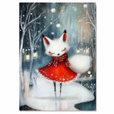 Whimsical Christmas White Fox Ice Skating in Red Dress Winter Forest Canvas on Ready to Hang 1.5" Thick Canvas Wrap, Floating Framed Canvas, Flat Rolled Canvas