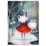 Whimsical Christmas White Fox Ice Skating in Red Dress Winter Forest Canvas on Ready to Hang 1.5" Thick Canvas Wrap, Floating Framed Canvas, Flat Rolled Canvas