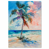 Vibrant Palm Tree by the Sea Watercolor Painting with Colorful Sunset Sky on Ready to Hang 1.5" Thick Canvas Wrap, Floating Framed Canvas, Flat Rolled Canvas