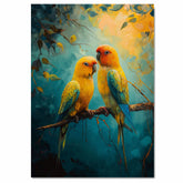 Golden Yellow Lovebirds on a Branch with Bold Jungle Background in Artistic Detail on Ready to Hang 1.5" Thick Canvas Wrap, Floating Framed Canvas, Flat Rolled Canvas