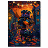 Whimsical Dachshund Dog in Colorful Fantasy City Night Scene Cheerful and Playful Art for Home Wall Decor Living Room Bedroom or Office Gift for Dog Lovers on Ready to Hang 1.5" Thick Canvas Wrap, Floating Framed Canvas, Flat Rolled Canvas