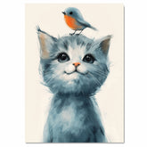 Sweet Cat with Gentle Bird on Head Whimsical Animal Illustration for Kids Room Nursery and Animal Lovers Perfect Gift for Cat and Bird Enthusiast on Ready to Hang 1.5" Thick Canvas Wrap, Floating Framed Canvas, Flat Rolled Canvas