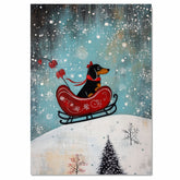 Whimsical Christmas Dachshund Dog Riding Red Sleigh Through Snowy Landscape Playful Holiday Art Print for Dog Lovers and Wintertime Home Decoration on Ready to Hang 1.5" Thick Canvas Wrap, Floating Framed Canvas, Flat Rolled Canvas