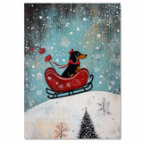 Whimsical Christmas Dachshund Dog Riding Red Sleigh Through Snowy Landscape Playful Holiday Art Print for Dog Lovers and Wintertime Home Decoration on Ready to Hang 1.5" Thick Canvas Wrap, Floating Framed Canvas, Flat Rolled Canvas