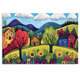 Colorful Folk Art Canvas – Bright Village Homes, Blooming Trees, and Flowers in a Mountain Landscape on Ready to Hang 1.5" Thick Canvas Wrap, Floating Framed Canvas, Flat Rolled Canvas