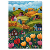 Charming Folk Art Canvas of Colorful Houses and Flowers on Rolling Hills Under a Bright Blue Sky on Ready to Hang 1.5" Thick Canvas Wrap, Floating Framed Canvas, Flat Rolled Canvas