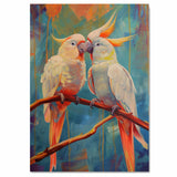 Elegant Cockatoo Pair Artwork Featuring White and Peach Parrots with Flared Crests Sitting Together on a Branch with a Colorful Abstract Background on Ready to Hang 1.5" Thick Canvas Wrap, Floating Framed Canvas, Flat Rolled Canvas