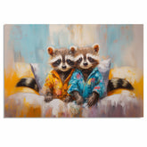 Charming Painting of Two Raccoons in Bright Pajamas Sitting on a Bed with Playful Expressions and a Soft Pastel Background Featuring Hints of Yellow and Blue on Ready to Hang 1.5" Thick Canvas Wrap, Floating Framed Canvas, Flat Rolled Canvas