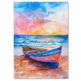 Watercolor Painting of Colorful Wooden Rowboat on Beach with Sunset Ocean Waves and Dramatic Sky in Pink Blue and Orange Tones on Ready to Hang 1.5" Thick Canvas Wrap, Floating Framed Canvas, Flat Rolled Canvas