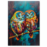 Vibrant Owl Pair Artwork Featuring Multicolor Plumage and Large Blue Eyes Perched on a Branch with Rich Abstract Background in Teal Red and Yellow Accents on Ready to Hang 1.5" Thick Canvas Wrap, Floating Framed Canvas, Flat Rolled Canvas