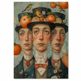 Whimsical Trio of Gentlemen with Birds and Oranges Hand Painted Art Vintage Fantasy Style Perfect for Home Wall Decor Living Room Bedroom Office or Gift on Ready to Hang 1.5" Thick Canvas Wrap, Floating Framed Canvas, Flat Rolled Canvas
