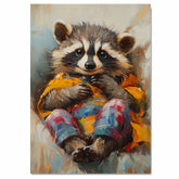 Sweet Painting of a Cute Baby Raccoon in Colorful Pajamas Sitting Comfortably with Adorable Expression Perfect for Nursery Kids Room or Animal-Themed Gift on Ready to Hang 1.5" Thick Canvas Wrap, Floating Framed Canvas, Flat Rolled Canvas