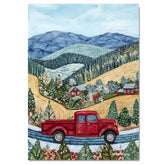 Red Vintage Truck on Snowy Road Through Hillside Cabins – Winter Folk Art Mountain Landscape on Ready to Hang 1.5" Thick Canvas Wrap, Floating Framed Canvas, Flat Rolled Canvas