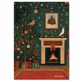Cozy Christmas Folk Art Scene with Decorated Tree, Fireplace, Garland, Gifts, and Festive Birds in a Warm Holiday on Ready to Hang 1.5" Thick Canvas Wrap, Floating Framed Canvas, Flat Rolled Canvas