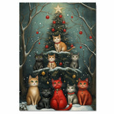 Retro Christmas Cats Print Adorable Kittens Around Decorated Christmas Tree Snowy Forest Scene Vintage Style Perfect for Cozy Winter and Holiday Home Decor on Ready to Hang 1.5" Thick Canvas Wrap, Floating Framed Canvas, Flat Rolled Canvas