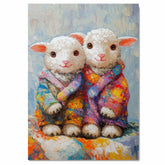 Two Cute Fluffy Lambs in Colorful Pajamas Painting | Whimsical Animal Wall Art for Nursery, Farmhouse Baby Room, or Cozy Country-Inspired Decor Print on Ready to Hang 1.5" Thick Canvas Wrap, Floating Framed Canvas, Flat Rolled Canvas