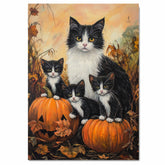 Autumn Whiskers: Tuxedo Cat Mom and Three Kittens with a Pumpkin in a Cozy Fall Setting on Ready to Hang 1.5" Thick Canvas Wrap, Floating Framed Canvas, Flat Rolled Canvas
