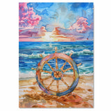 Watercolor Painting of a Nautical Ship Wheel on Beach with Ocean Waves and Sunset in Pink Blue and Golden Sky Background on Ready to Hang 1.5" Thick Canvas Wrap, Floating Framed Canvas, Flat Rolled Canvas
