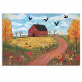 Autumn Farm Folk Art Print Featuring Red Barn Fall Trees Birds and Flowers Hand Painted Country Landscape Illustration for Cozy Rustic Wall Decor or Gift on Ready to Hang 1.5" Thick Canvas Wrap, Floating Framed Canvas, Flat Rolled Canvas