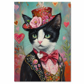 Dapper Love: Tuxedo Cat in a Red Hat and Black Suit with a Heartfelt Touch - Elegant Valentine's Painting on Ready to Hang 1.5" Thick Canvas Wrap, Floating Framed Canvas, Flat Rolled Canvas