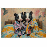 Charming Painting of Two Baby Skunks in Pajamas Sitting on a Colorful Bed with Warm Expressions and Floral Background in a Cozy Whimsical Setting on Ready to Hang 1.5" Thick Canvas Wrap, Floating Framed Canvas, Flat Rolled Canvas