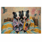 Charming Painting of Two Baby Skunks in Pajamas Sitting on a Colorful Bed with Warm Expressions and Floral Background in a Cozy Whimsical Setting on Ready to Hang 1.5" Thick Canvas Wrap, Floating Framed Canvas, Flat Rolled Canvas