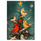 Retro Style Painting of Birds Decorating a Snowy Christmas Tree with Ornaments and a Star Perfect for Holiday Home Accents or Winter Animal Lovers on Ready to Hang 1.5" Thick Canvas Wrap, Floating Framed Canvas, Flat Rolled Canvas