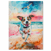Playful Watercolor Dog Running on Beach with Colorful Sky and Seagulls in Energetic Coastal Pet Wall Art on Ready to Hang 1.5" Thick Canvas Wrap, Floating Framed Canvas, Flat Rolled Canvas