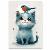 Adorable Blue Kitten with Big Eyes and Red-Breasted Bird on Head Whimsical Animal Illustration for Kids Room or Nursery Cute Art for Pet and Bird Lovers on Ready to Hang 1.5" Thick Canvas Wrap, Floating Framed Canvas, Flat Rolled Canvas