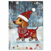 Adorable Dachshund Dog Ice Skating in Red Christmas Sweater and Santa Hat Whimsical Holiday Wall Art for Dog Lovers and Winter Season Home Décor on Ready to Hang 1.5" Thick Canvas Wrap, Floating Framed Canvas, Flat Rolled Canvas