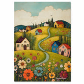 Charming Folk Art Canvas – Winding Path Through Colorful Cottages and Wildflowers on Sunny Hills on Ready to Hang 1.5" Thick Canvas Wrap, Floating Framed Canvas, Flat Rolled Canvas