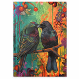 Two Black Birds on Branch Surrounded by Vibrant Foliage and Berries in a Colorful Nature-Inspired Painting with Rich Greens Reds and a Warm Artistic Style on Ready to Hang 1.5" Thick Canvas Wrap, Floating Framed Canvas, Flat Rolled Canvas