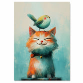 Whimsical Painting of a Smiling Orange Cat with a Happy Bird on Its Head Perfect for Animal Lovers and Playful Home or Nursery Decor on Ready to Hang 1.5" Thick Canvas Wrap, Floating Framed Canvas, Flat Rolled Canvas