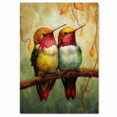 Whimsical Hummingbird Pair Artwork Featuring Red and Green Plumage Perched on a Branch with Textured Earth-Toned Background and Delicate Autumn Leaves on Ready to Hang 1.5" Thick Canvas Wrap, Floating Framed Canvas, Flat Rolled Canvas