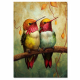 Whimsical Hummingbird Pair Artwork Featuring Red and Green Plumage Perched on a Branch with Textured Earth-Toned Background and Delicate Autumn Leaves on Ready to Hang 1.5" Thick Canvas Wrap, Floating Framed Canvas, Flat Rolled Canvas