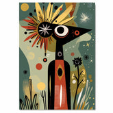 Abstract Tribal-Inspired Figure in Cosmic Botanical Scene with Mid-Century Modern and Folk Art Elements on Ready to Hang 1.5" Thick Canvas Wrap, Floating Framed Canvas, Flat Rolled Canvas
