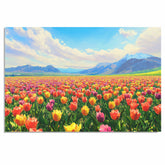 Painting of a Colorful Tulip Field in Full Bloom with Vibrant Red Yellow and Pink Flowers Under a Bright Blue Sky and Majestic Mountain Landscape in the Distance on Ready to Hang 1.5" Thick Canvas Wrap, Floating Framed Canvas, Flat Rolled Canvas