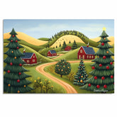 Festive Folk Art Christmas Scene with Red Houses, Rolling Hills, and Decorated Trees Under a Peaceful Winter Sky on Ready to Hang 1.5" Thick Canvas Wrap, Floating Framed Canvas, Flat Rolled Canvas