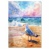 Watercolor Painting of a Seagull on the Beach with Rolling Ocean Waves and Colorful Sky at Sunset in a Coastal Scene on Ready to Hang 1.5" Thick Canvas Wrap, Floating Framed Canvas, Flat Rolled Canvas