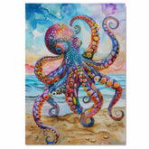 Watercolor Painting of a Vivid Multicolored Octopus on the Beach with Bright Tentacles and Coastal Ocean Background on Ready to Hang 1.5" Thick Canvas Wrap, Floating Framed Canvas, Flat Rolled Canvas