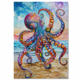 Watercolor Painting of a Vivid Multicolored Octopus on the Beach with Bright Tentacles and Coastal Ocean Background on Ready to Hang 1.5" Thick Canvas Wrap, Floating Framed Canvas, Flat Rolled Canvas