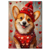 Love and Loyalty: Corgi in a Red Heart-Themed Top and Hat Adorable Romantic Painting on Ready to Hang 1.5" Thick Canvas Wrap, Floating Framed Canvas, Flat Rolled Canvas