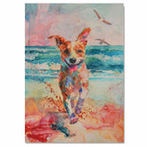 Watercolor Dog Running on Beach with Waves and Birds in Colorful Splash Style Coastal Animal Art for Pet Lovers on Ready to Hang 1.5" Thick Canvas Wrap, Floating Framed Canvas, Flat Rolled Canvas