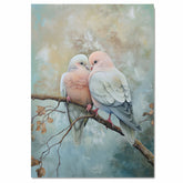 Softly Colored Lovebirds Resting on a Branch with Muted Earth Tone Background on Ready to Hang 1.5" Thick Canvas Wrap, Floating Framed Canvas, Flat Rolled Canvas