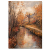 Autumnal Stream Running Through a Village – Rustic Fall Landscape Oil Painting Print on Ready to Hang 1.5" Thick Canvas Wrap, Floating Framed Canvas, Flat Rolled Canvas