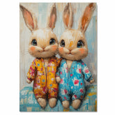 Two Cute Bunnies in Colorful Pajamas with Big Eyes and Smiling Faces Expressive Brushstroke Art Print for Nursery Bedroom or Whimsical Animal Wall Decor on Ready to Hang 1.5" Thick Canvas Wrap, Floating Framed Canvas, Flat Rolled Canvas
