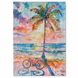 Watercolor of Palm Tree and Bicycle by Ocean Shore with Vibrant Sunset Sky on Ready to Hang 1.5" Thick Canvas Wrap, Floating Framed Canvas, Flat Rolled Canvas