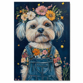 Dog Wall Art in Overalls and Floral Shirt Whimsical Animal Nursery Decor Farmhouse Bedroom Wall Art Cottage Country Room Decor Gift for Dog Lovers on Ready to Hang 1.5" Thick Canvas Wrap, Floating Framed Canvas, Flat Rolled Canvas