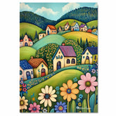 Peaceful Folk Art Canvas – Colorful Houses and Wildflowers on Rolling Green Hills with Forest Backdrop on Ready to Hang 1.5" Thick Canvas Wrap, Floating Framed Canvas, Flat Rolled Canvas